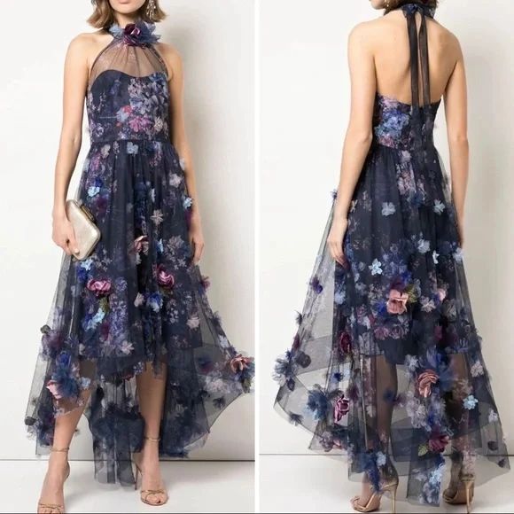 【Marchesa Notte】ミディドレス 刺繍 ブラック 水色 背中あき Marchesa Notte】ミディドレス 刺繍 ブラック 水色 背中あき
